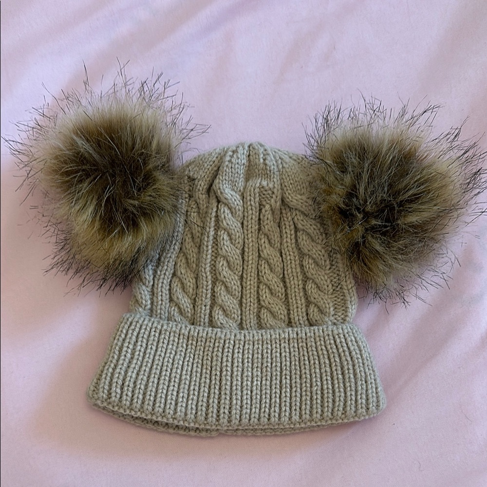 Cozy Knit Kids Hat with Faux Fur Pom Poms - Tan